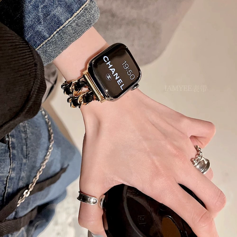 Стильный двурядный браслет из смешанной кожи с цепью для Apple Watch - универсционный металлический дизайн цепи