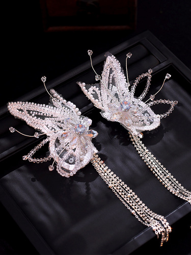 Crystal Butterfly Wings Lace Feather Tassel Hair Clip Bridal Accessory Fairy Beauty Headpiece Weddingress Hair Accessory