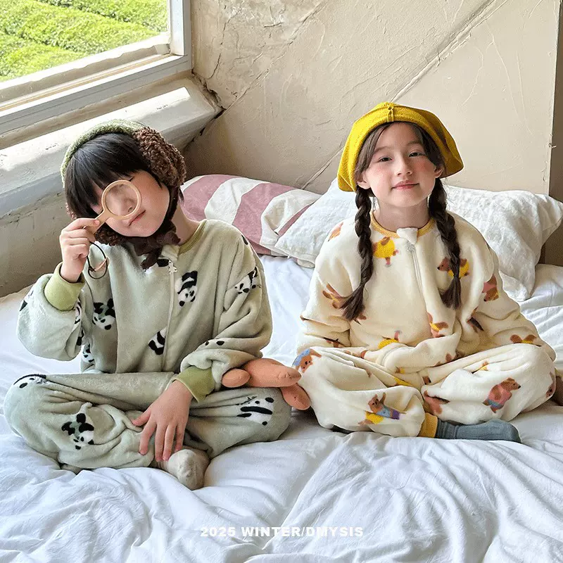 儿童连体睡衣秋冬法兰绒加绒加厚男女童宝宝珊瑚绒家居服防踢睡袋