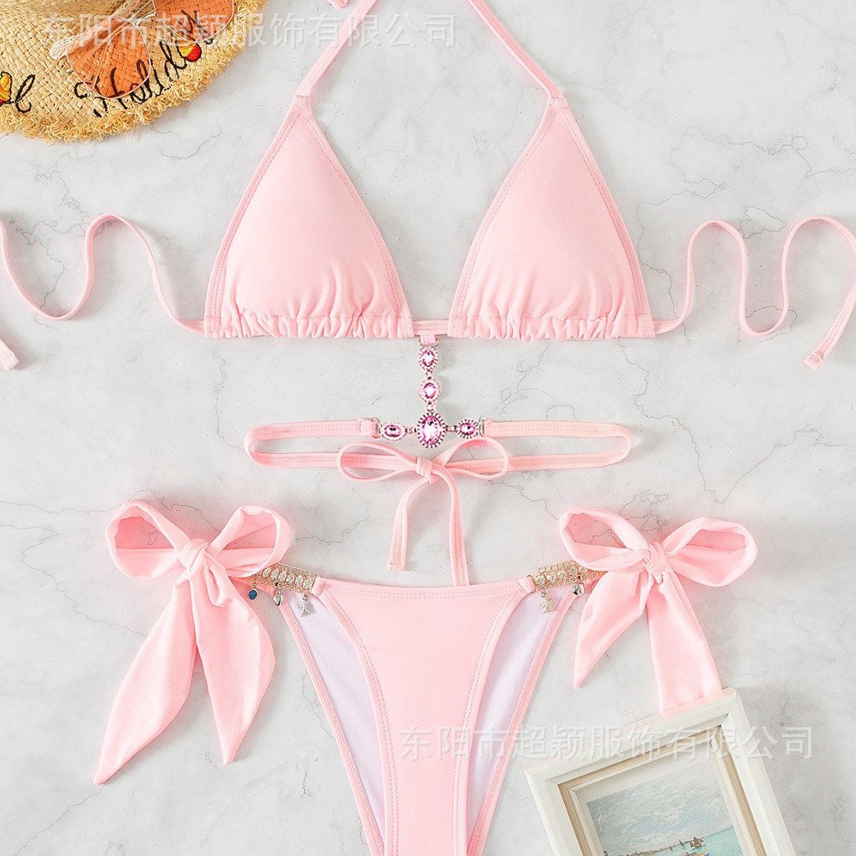 Cross-border new women's swimsuit crystal diamond triangle bag strap backless beach bikini European and American swimsuit