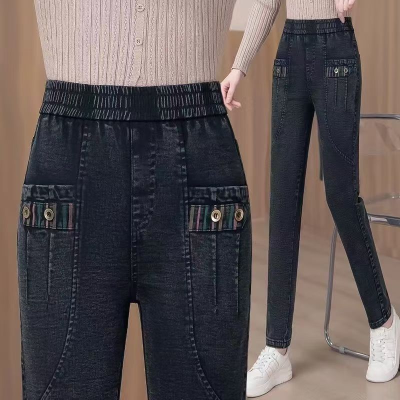 黑色小脚牛仔裤女松紧腰春秋2025新款弹力显瘦时尚中年妈妈休闲裤