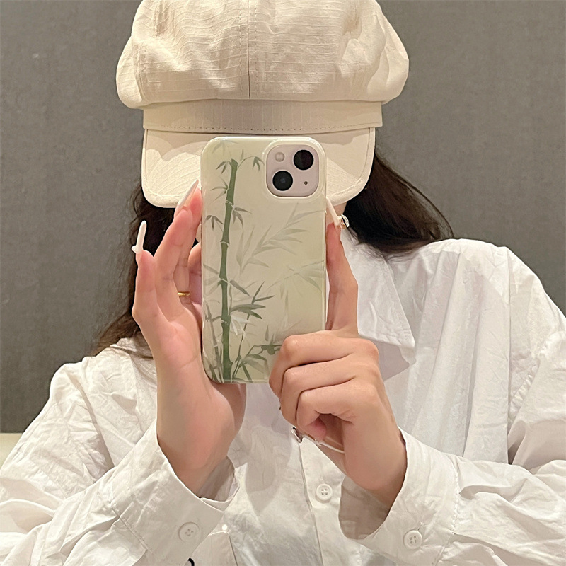 Guofeng ins hilo de plumas bambú verde para iPhone 13 pulsera 14ProMax Apple 15ro funda para teléfono 12
