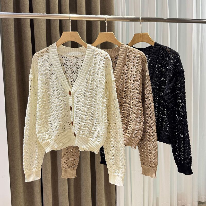 BC Beaded Yarn Heavy Industry Hollow Out Knitwear Cardigan Women's Linen Wool Blended Sequin Breathable Coat Top Spring Summer