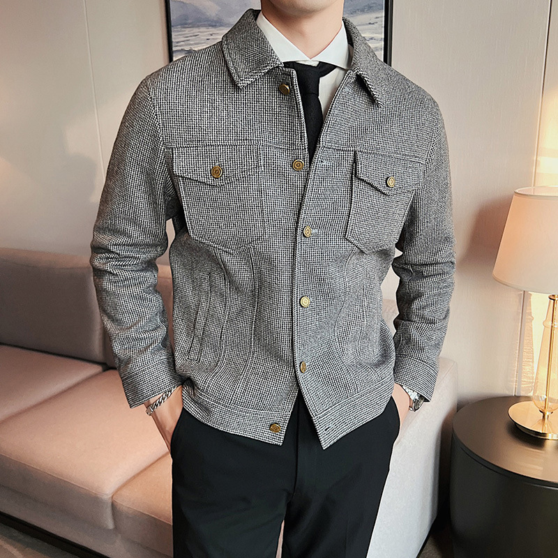 2025 New Autumn and Winter Men's Houndstooth Woolen Jacket Men's Slim Lapel Short Casual Motorcycle Jacket 2025 New Autumn and Winter Men's Houndstooth Woolen Jacket Men's Slim Lapel Short Casual Motorcycle Jacket