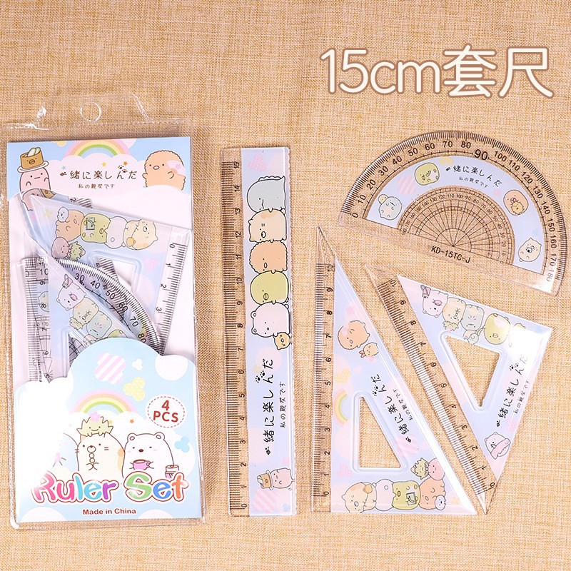 Japanese and Korean Creative Stationery Cluster Corner Creatures Cartoon Set Ruler 4-Piece Set Student Cute Pet Multi-Piece Ruler Gift Prize