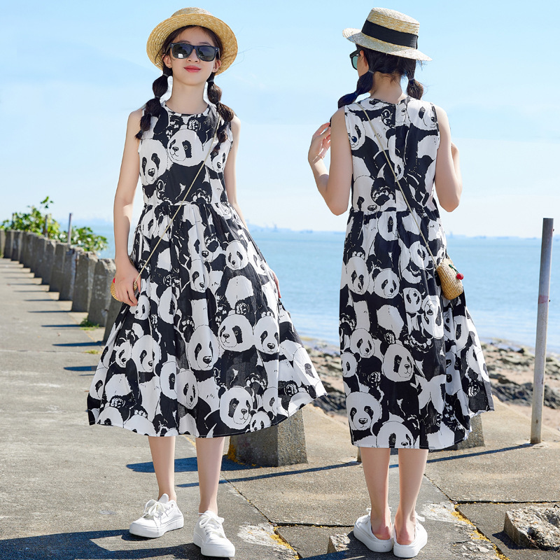 Corea del Sur ropa para niños Panda imprimir vestido de verano para niñas vestido 2023 nuevo vestido para niños vestido sin mangas de chaleco para niñas