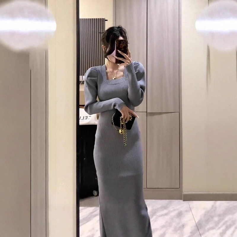 Knitted Bottoming Dress for Women, Autumn and Winter New Style Square Neck Mid-Length Elegant Sweater Long Skirt over the Knee Skirt