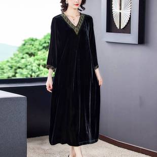 Velvet Silk High-End New Skirt Brand Large Size Spring and Autumn Style Noble High-End Gold Velvet Dress