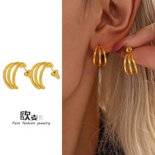 欧麦卡  不锈钢镀18K真金三层C形耳钉欧美风时尚小众耳环耳饰批发