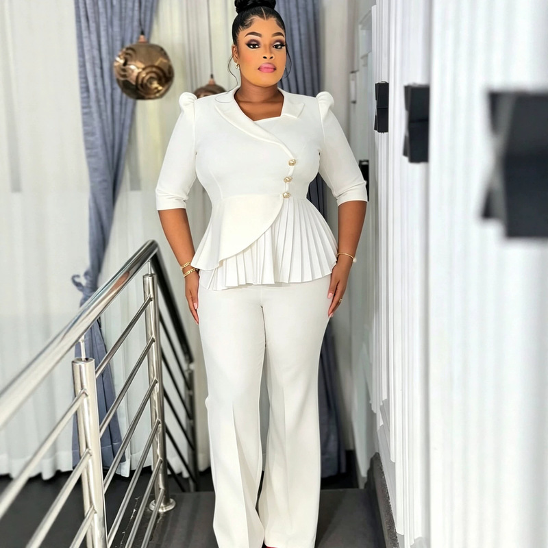 African cross-border plus-size white women's suit set with ruffled waist, pleated hem, mid-sleeve top and long pants two-piece set African cross-border plus-size white women's suit set with ruffled waist, pleated hem, mid-sleeve top and long pants two-piece set