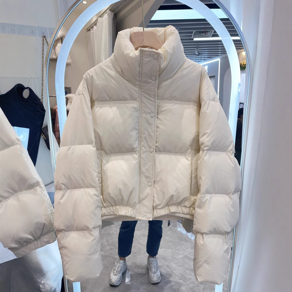 Chaqueta corta de plumón para mujer, nueva colección invierno 2025, cuello alto, corte holgado, abrigo acolchado grueso para tallas pequeñas.