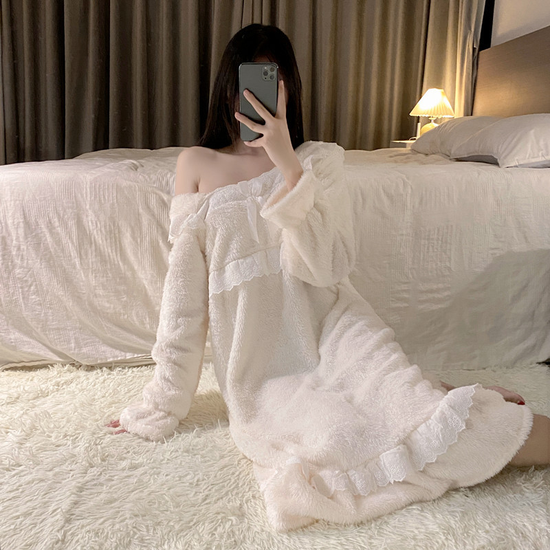 冬季睡衣女冬款加厚年新款性感蕾丝宫廷风纯色睡裙涤棉加厚保暖