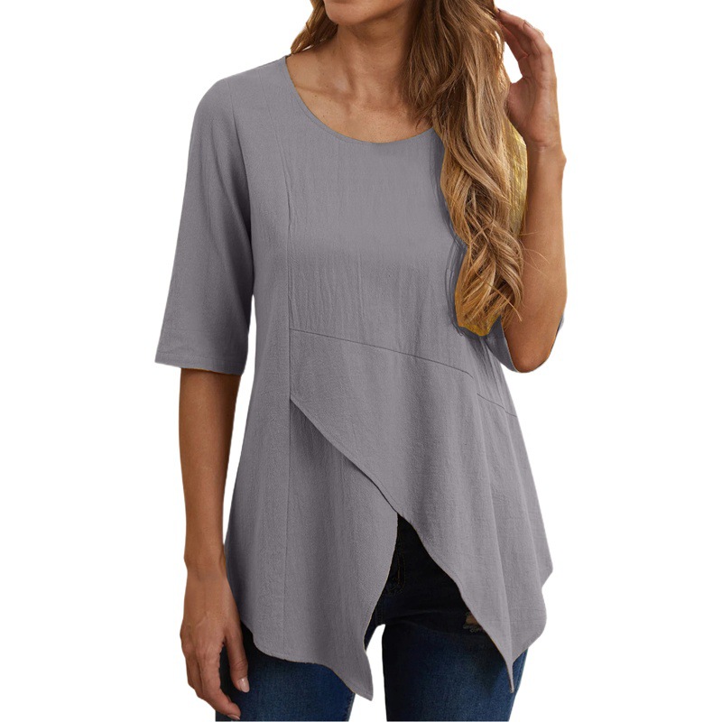 21002 # Amazon WISH Jersey irregular de las mujeres europeas y americanas de cuello redondo slim fit media manga de algodón y lino camiseta superior