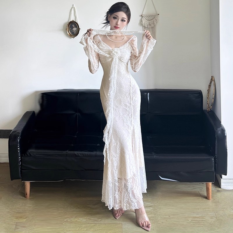 2025法式立体花朵飘带长袖礼服连衣裙女纯欲蕾丝收腰显瘦鱼尾长裙|undefined