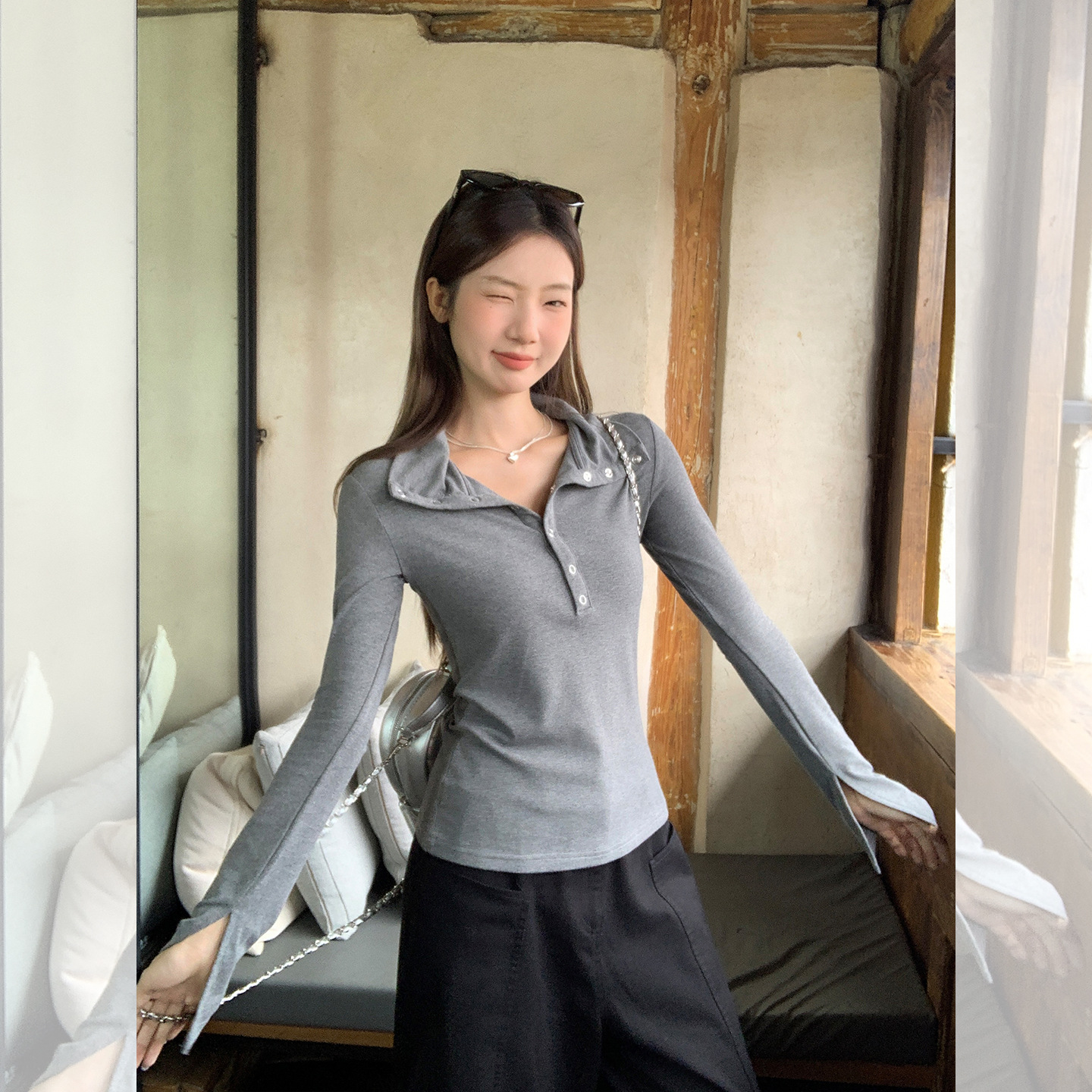 Flower Gray Lapel Design Button Knitted Long Sleeve