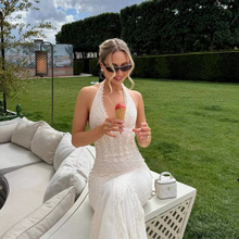 欧美风夏季新款跨境性感露背修身纯色挂脖吊带连衣裙镂空长裙