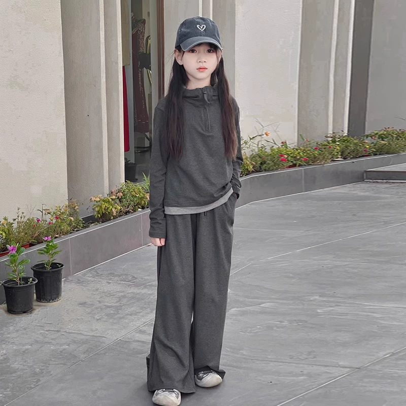 Костюм для девочек Весна и Осень 2024 Новый повседневный детский осенний костюм с капюшоном свитера