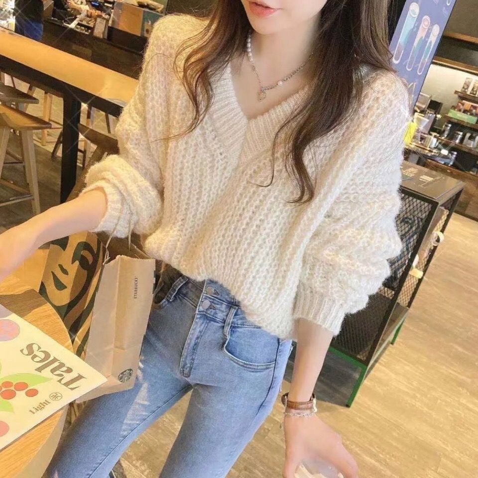 2025秋冬新款V领慵懒风粗针毛衣女外穿宽松百搭毛线衣套头针织衫