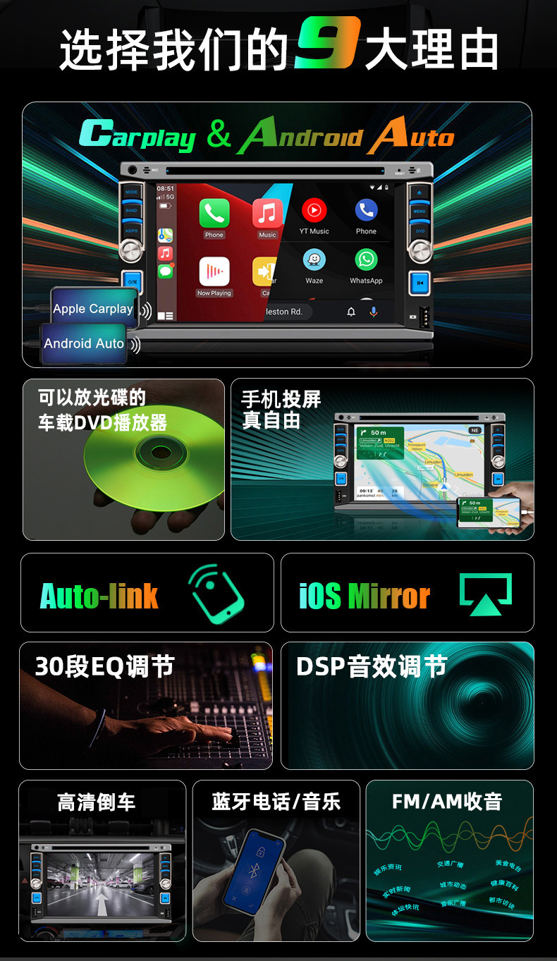 6.2inch Car Dvd Cd Dual-Master Player Wired Carplay Mobile Phone Screen Projection Bluetooth Fm Radio 12V