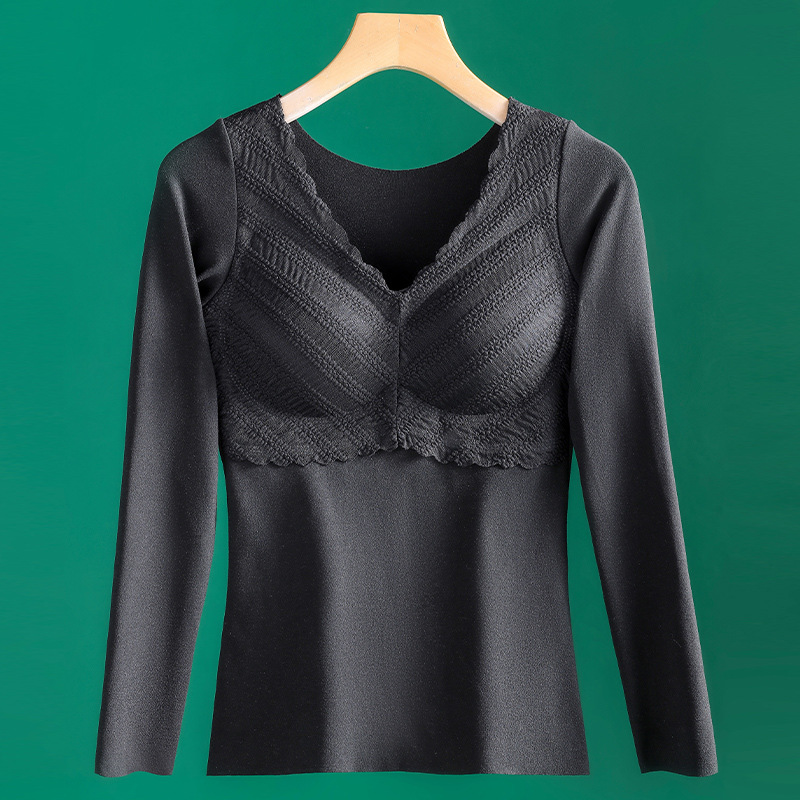 Otoño e Invierno de terciopelo sin costuras ropa interior térmica engrosada de las mujeres con cuello en V encaje bottoming ropa con almohadilla en el pecho temperatura constante térmica de manga larga