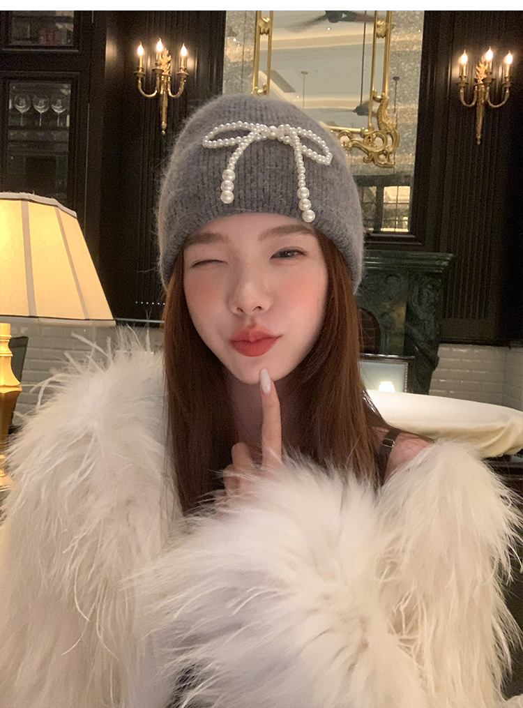 Cappello di lana impilabile Baotou alla moda, piccolo, lavorato a maglia, autunno e inverno, con fiocco di perle, protezione per le orecchie in peluche_voghion.com