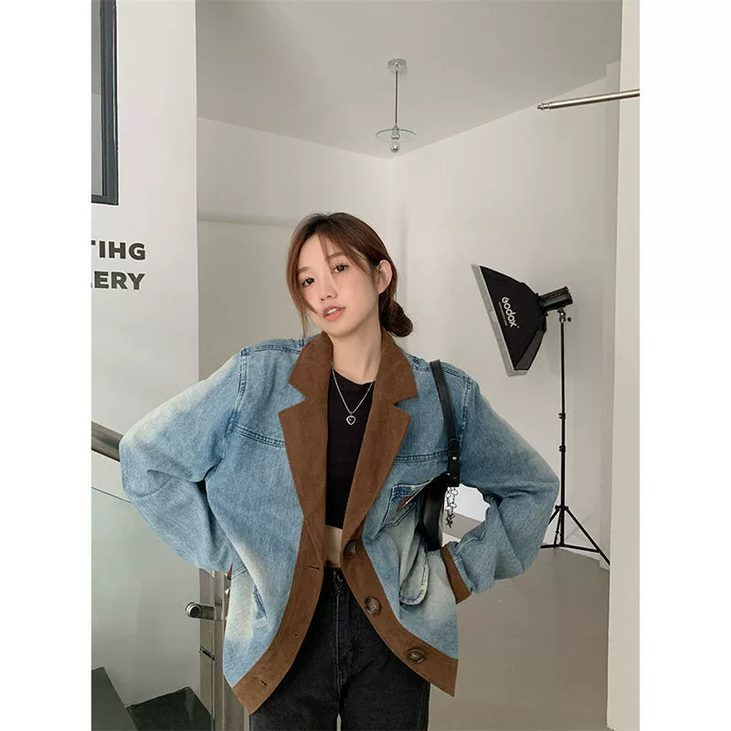 Retro denim suit, winter jacket, internet celebrity, oversize