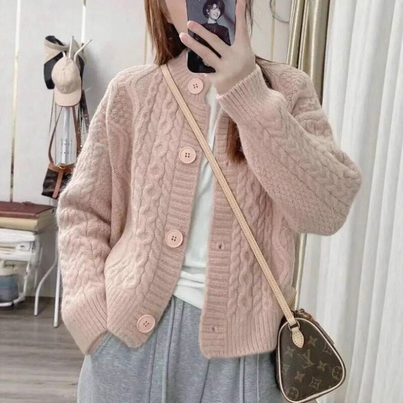 Sheep wool autumn and winter design loose-fitting coat, long-sleeved top, twisted knit cardigan, vintage gentle women's thick sweater