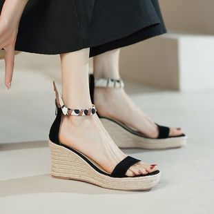 British Style Ribbon Straw Sandals for Women Summer French Retro Style Open Toe Buckle Strap Back Zipper Roman Shoes