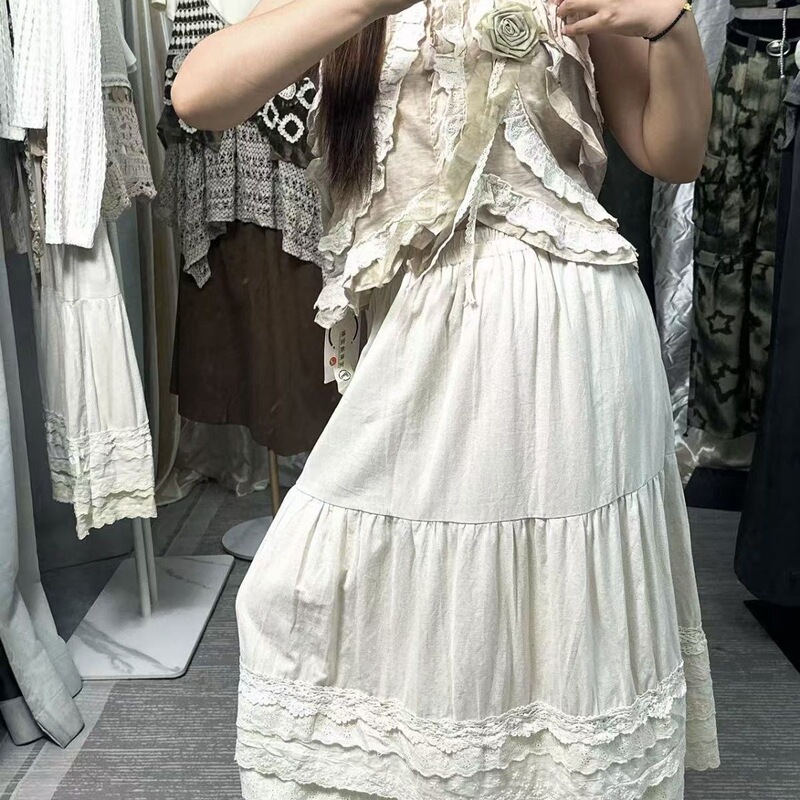 New Summer Women's Clothing Layered Ruffle Sleeveless Open-Front Shirt Top and Long Skirt Two-Piece Set Off-White Off-The-Shoulder