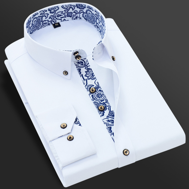 Blue and White Porcelain Collar [Business Casual] Shirt Men's Long-sleeved Korean Style Slim-fit Dress Solid Color White Shirt Men's Cotton