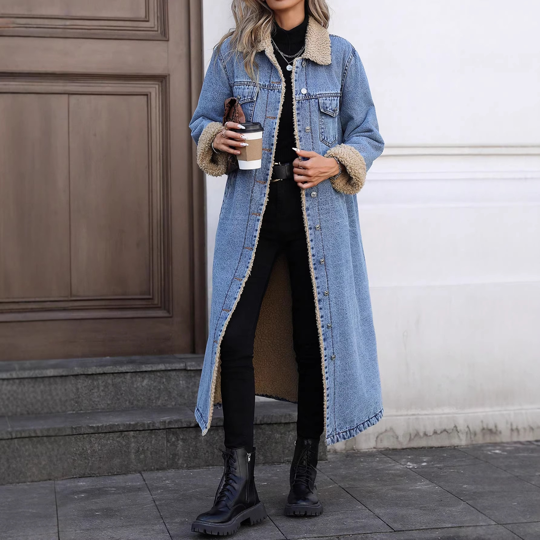 Hot Selling Item - 20781 Amazon Cross-Border Foreign Trade Women's Clothing European and American Loose Long Fleece-Lined Cotton Coat Denim Jacket