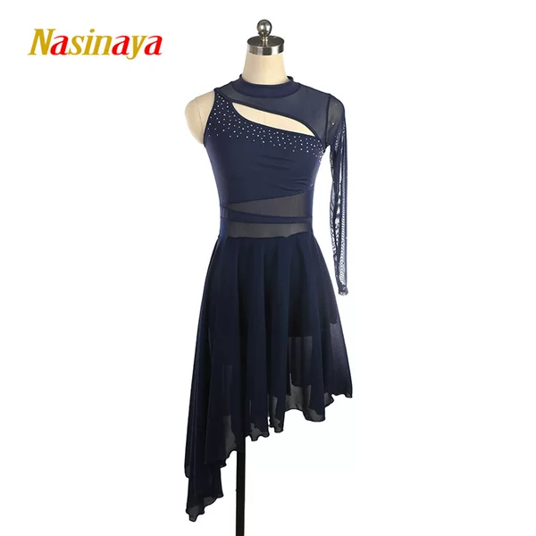 Funuo Figure Skating Clothing, Skating Clothing, Performance Clothing, Women's Competition Skirt, Navy Blue Single-Sleeved Bright Diamond Long Skirt