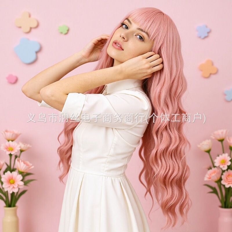 Wig with Long Straight Hair, Long Curly Hair, Pink New Style, Wavy Curls, Bangs, Women's Synthetic Fashion Wig