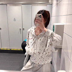 美式辣妹满印褶皱木耳边连帽卫衣女秋季新款薄款慵懒宽松短款外套