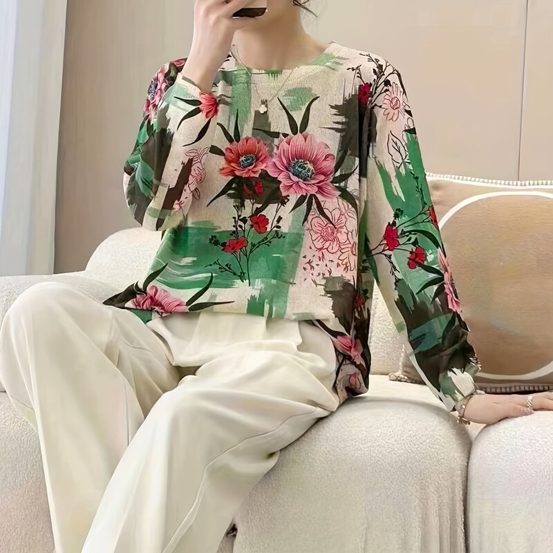 Autumn and Winter Palace style oil painting element printing knitted pullover long sleeve round neck contrast color sweater female Amazon cross-border