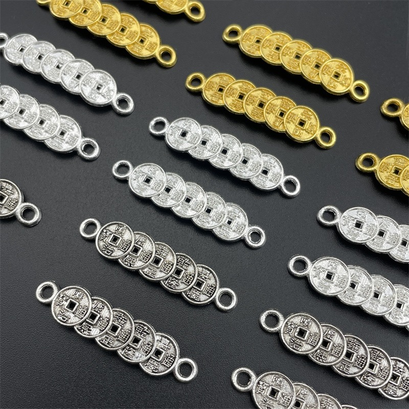 合金电镀五帝钱钱串子双吊铜钱手链材料 长条钱币双吊diy饰品配件