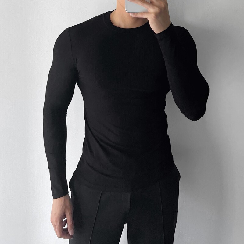 Men's Long-Sleeved Ribbed T-Shirt, Casual Round-Neck Fitness Sports Elastic Slim-Fit Base Layer Shirt, Worn under a Tight-Fitting Black Top
