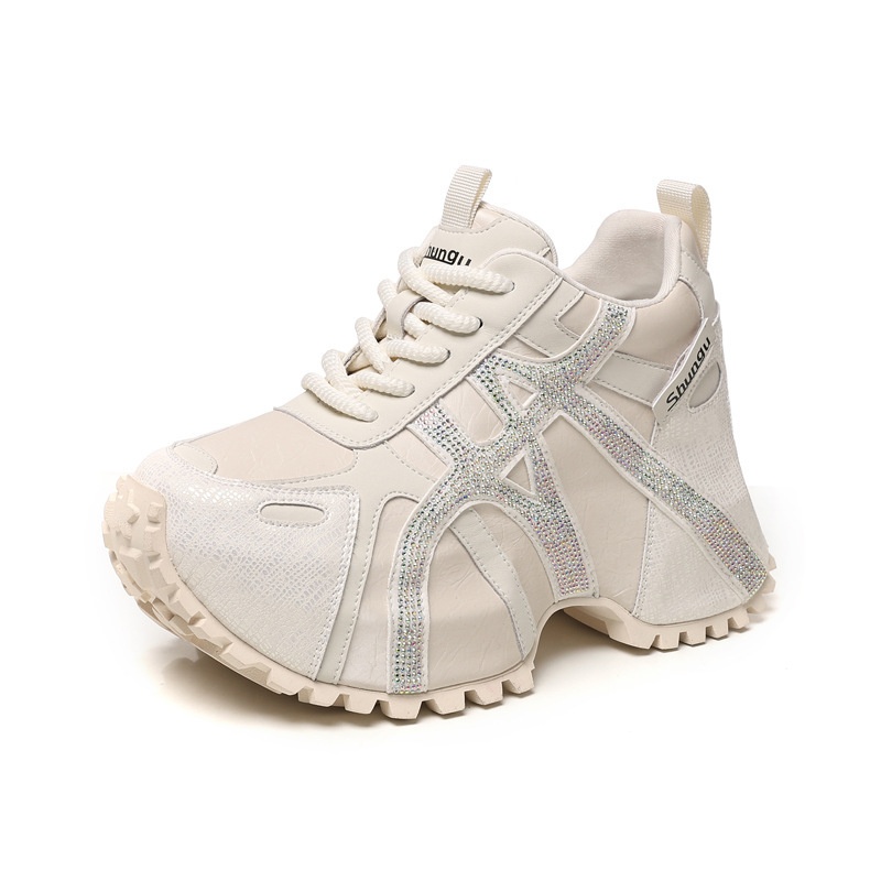 Giày sneaker nữ đế dày chunky đính đá rhinestone phong cách thể thao thời trang — màu be