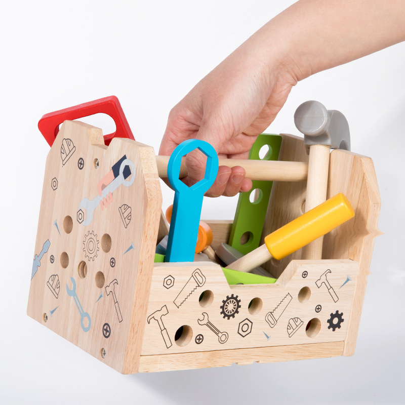 子供用木製修理工具箱 ナット一体型携帯工具台 赤ちゃん用ネジ締め組み立ておもちゃ|undefined