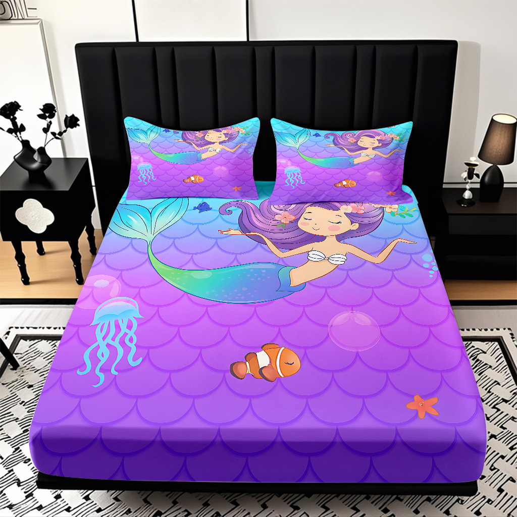 Modo JIT Temu serie de dibujos animados de sirena textil doméstico impresión digital cama de cama de cama kit fábrica de procesamiento