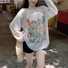 慵懒风涂鸦印花宽松薄款长袖t恤女夏季小众别致百搭防晒罩衫上衣
