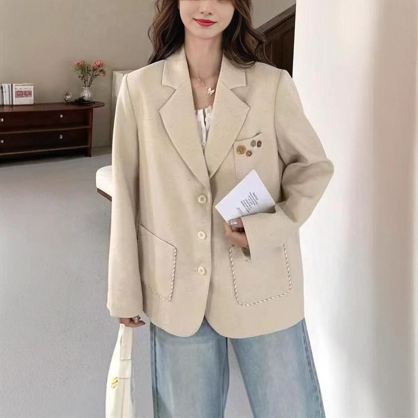 Áo vest nữ dáng suông thanh lịch, tay dài, cổ vest, phong cách công sở — Màu yến mạch (chất lượng cao)