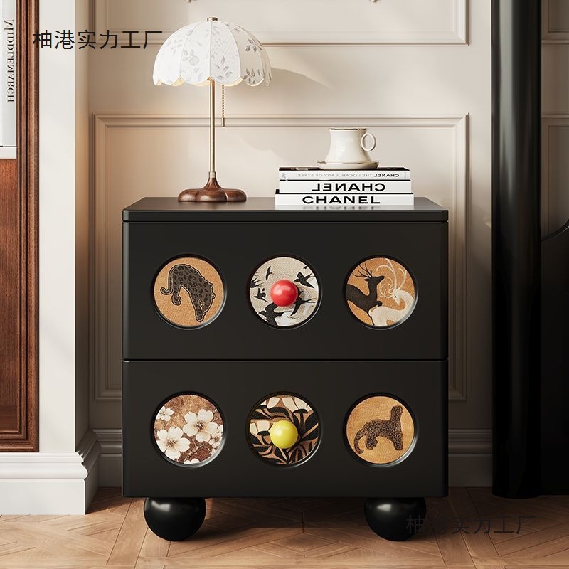 Bedside Table Antique French Solid Wood High-End Retro Bedroom Black Side Cabinet Creative Storage New Light Luxury Home