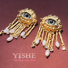 权力之眼铜镀真金西洋古董恶魔流苏水晶耳饰个性辣妹眼睛耳环