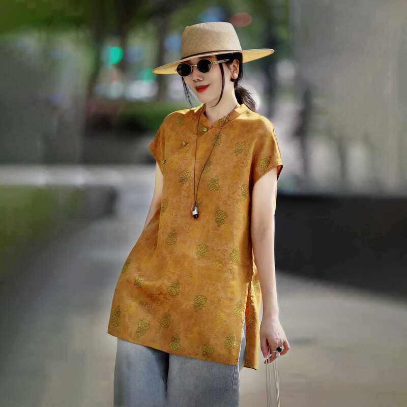 Xiangyun Silk Craftsmanship New Chinese Style T-Shirt for Women, Summer Vintage National Style Rayon Printed Modified Diagonal Collar Top for Women Xiangyun Silk Craftsmanship New Chinese Style T-Shirt for Women, Summer Vintage National Style Rayon Printed Modified Diagonal Collar Top for Women