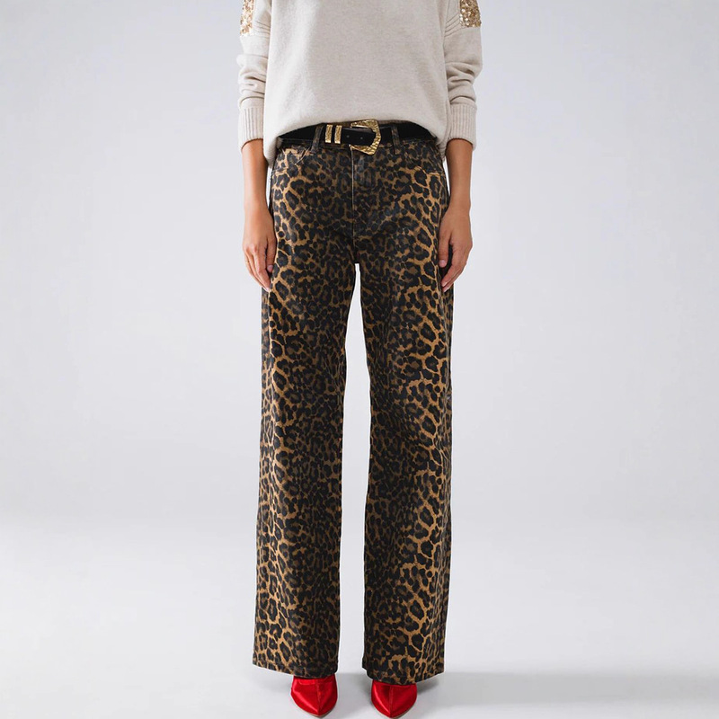Cross-Border European and American Fashion Leopard Print Denim Straight Pants Temu Amazon Shein Export Wish Dropshipping Tk Ozon