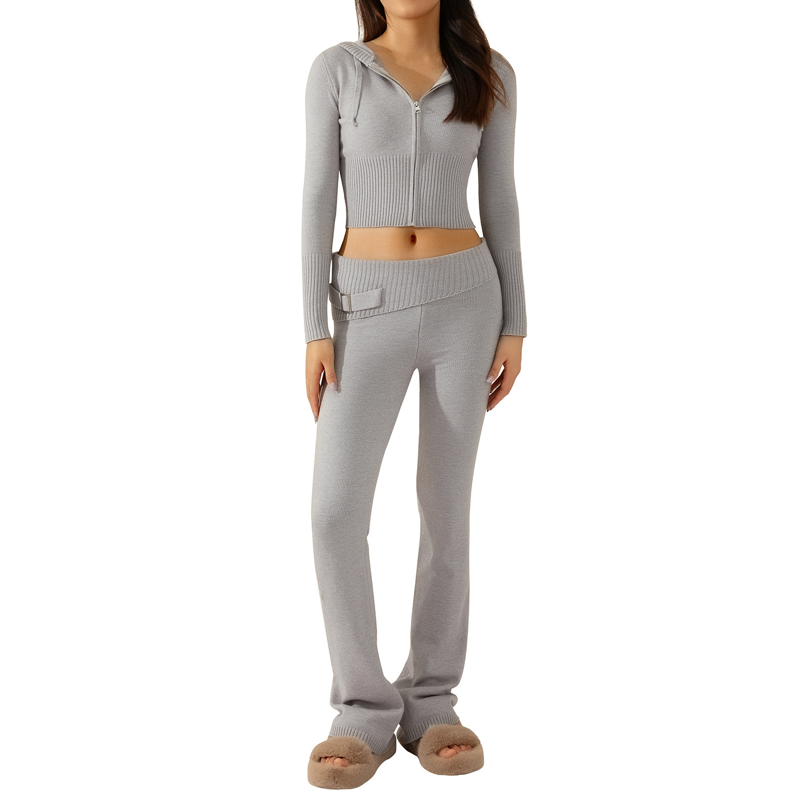 Women's Knitted Hooded Suit Women's Fashion Sexy High Waist Long Sleeve Pants Two Piece Set_voghion.com