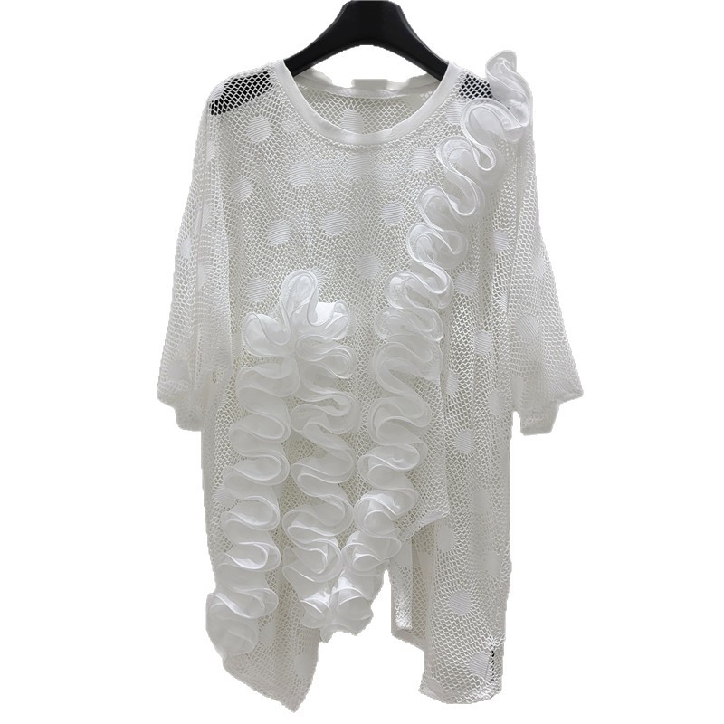 Jacquard estereoscópico hueco suelto gran tops de manga corta, camiseta de malla única de alta calidad para mujeres