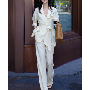 2025 Summer Fashion Suit Design Floral Imitation Acetate Hemp Lace-Up Top Wide-Leg Pants Two-Piece Set