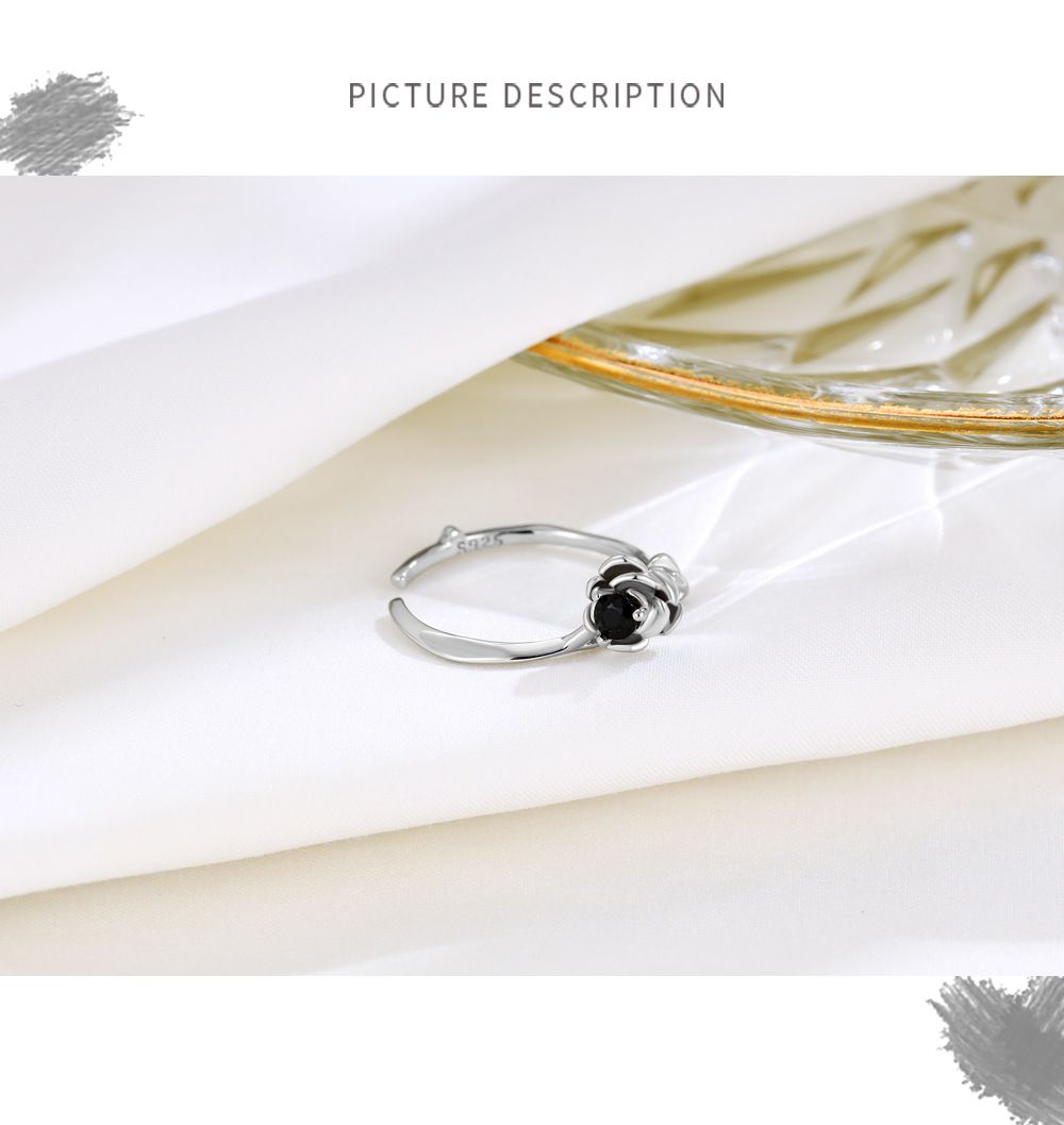 s925 Silver Black Diamond Flower Open Ring Image 9